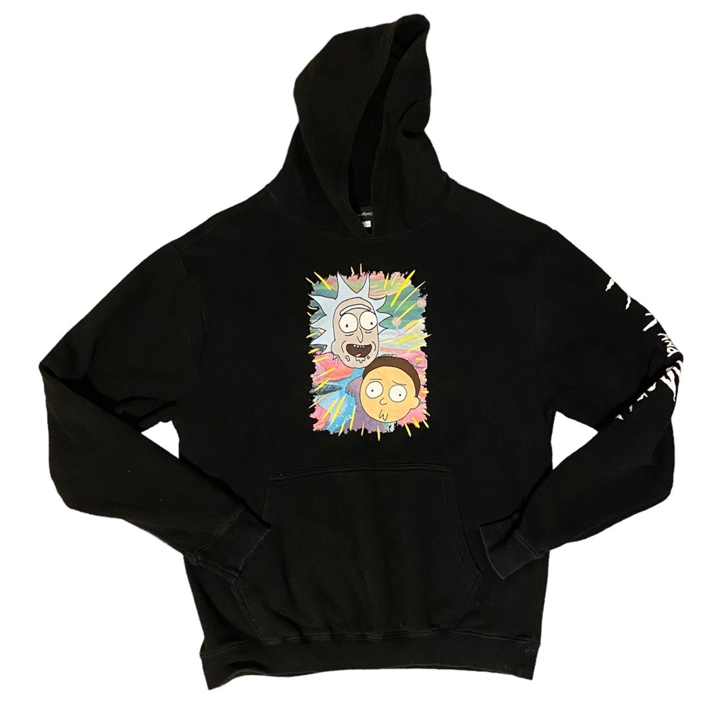 Rick and Morty Pullover Hoodie • Black • Men’s Size Medium • Sleeve Spellout